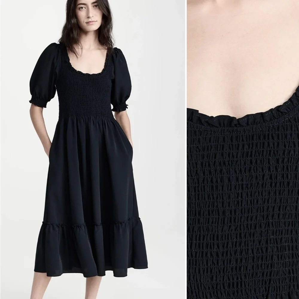 Black Smocked Midi Dress with Puff Sleeves - Picture 1 of 10